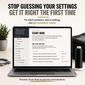 Puede incluir: Una computadora portátil muestra una guía de bordado titulada "START HERE" con instrucciones sobre digitalización y configuración. También se ven una bobina de hilo negro y aros de bordado. El texto dice "Deja de adivinar tu configuración".