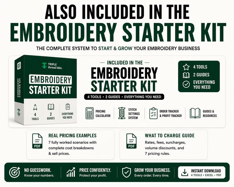May include: An embroidery starter kit with the text "EMBROIDERY STARTER KIT" in green and white. The kit includes 4 tools, 2 guides, and everything needed to start and grow an embroidery business. Also includes pricing calculator, order tracker, and guides.