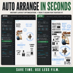 May include: A digital display showing a before-and-after comparison of a layout optimization process. The text reads "Auto Arrange in Seconds" and "Save Time. Use Less Film." The display includes various graphics and text elements.