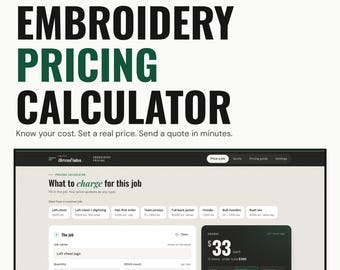 May include: A digital interface for an embroidery pricing calculator by Triple Thread Labs. The screen displays input fields for job name, quantity, stitch count, garment cost, and run time, alongside a dark summary box showing pricing results.
