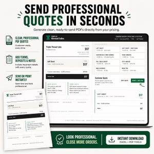 May include: A digital display shows a quote generation service with the text "SEND PROFESSIONAL QUOTES IN SECONDS." The screen displays a quote, with options for PDF, terms, and instant printing. The service offers Excel and PDF tools.