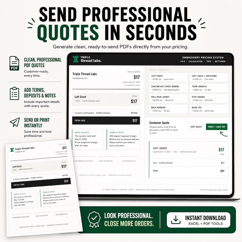 May include: A digital display shows a quote generation service with the text "SEND PROFESSIONAL QUOTES IN SECONDS." The screen displays a quote, with options for PDF, terms, and instant printing. The service offers Excel and PDF tools.