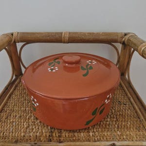 Pode incluir: Uma caçarola de cerâmica redonda na cor terracota com tampa a condizer. O exterior do recipiente e a tampa estão decorados com caules verdes pintados à mão e pequenas flores brancas. A peça apresenta um acabamento vidrado e liso.