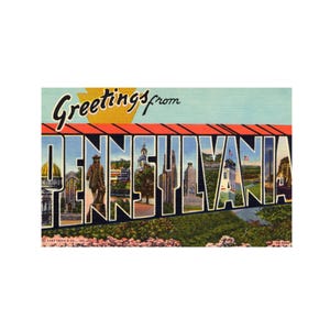 Saluti dalla Pennsylvania, cartolina d'epoca della Pennsylvania, cartolina della Pennsylvania stampabile, download digitale dello stato della Pennsylvania