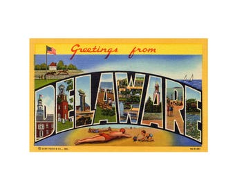 Saludos desde Delaware, postal vintage de Delaware, postal imprimible de Delaware, recuerdo digital de Delaware