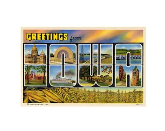 Saludos desde Iowa, postal vintage de Iowa, postal imprimible de Iowa, recuerdo digital de Iowa