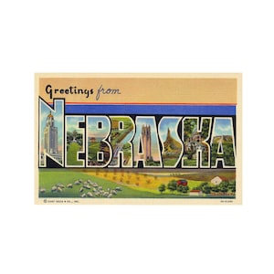 Grüße aus Nebraska, Nebraska Vintage Postkarte, Nebraska Postkarte druckbar, Nebraska Zustand druckbare Download große Buchstaben