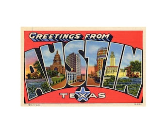 Greetings from Austin Texas, Austin Texas Vintage Postcard,  Austin Texas Postcard Printable, Austin Texas Digital Download Souvenir