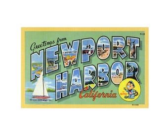 Saludos desde el puerto de Newport, California. Postal vintage del puerto de Newport. Postal del puerto de Newport. Descarga digital del puerto de Newport.