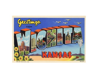 Postal vintage de saludos desde Wichita, Kansas. Postal imprimible de Wichita, Kansas. Descarga digital de recuerdo imprimible de Wichita, Kansas.