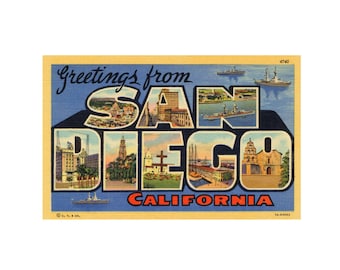 Postal de saludos desde San Diego, postal vintage de San Diego, postal imprimible de San Diego, San Diego California Descargar