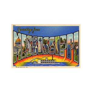 Saludos desde Mississippi, postal vintage de Mississippi, postal imprimible de Mississippi, postal vintage de Mississippi, EE. UU.