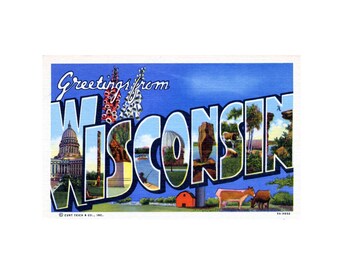 Saludos desde Wisconsin, postal vintage de Wisconsin, postal imprimible de Wisconsin, recuerdo digital de Wisconsin