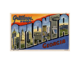 Saludos desde Atlanta, Georgia, postal vintage de Atlanta, Georgia, postal digital imprimible de Atlanta, Georgia