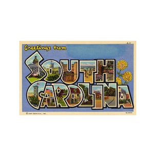 Greetings from South Carolina, South Carolina Vintage Postcard, South Carolina Postcard Printable, South Carolina Digital Download Souvenir