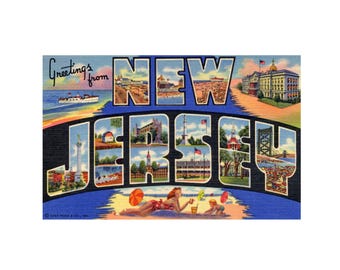 Postal imprimible con saludos desde Nueva Jersey, impresión digital vintage de Nueva Jersey, EE. UU.