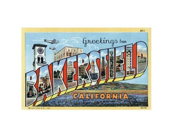 Saludos desde Bakersfield, California. Arte. Impresión de postal vintage de Bakersfield. Descarga digital imprimible de postal de Bakersfield, California.