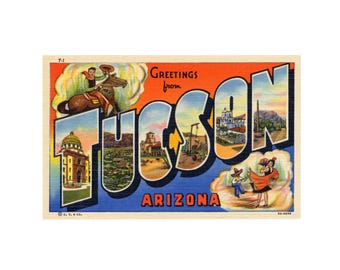 Saludos desde Tucson, Arizona. Postal vintage de Tucson, Arizona. Postal imprimible de Tucson, Arizona. Descarga digital de recuerdo de Tucson.