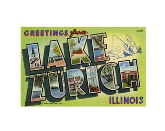 Postal artística de saludos desde el lago Zúrich, Illinois. Impresión de postal vintage del lago Zúrich, Illinois. Descarga digital.