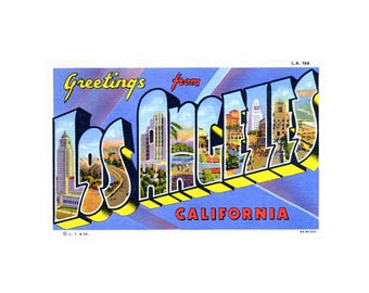 Saludos desde Los Ángeles, California, postal vintage de Los Ángeles, California, postal imprimible de Los Ángeles, postal imprimible de Los Ángeles