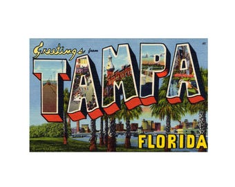 Saludos desde Tampa, Florida. Postal vintage de Tampa, Florida. Impresión artística digital imprimible.