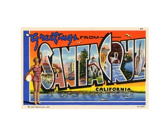 Saludos desde Santa Cruz, arte californiano, impresión de postal vintage de Santa Cruz, postal imprimible de Santa Cruz, descarga digital de Santa Cruz
