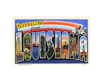 Op de afbeelding: Een vintage ansichtkaart met de tekst "Greetings from Louisiana" in een kleurrijk, gestileerd lettertype. De ansichtkaart toont afbeeldingen van gebouwen en bezienswaardigheden uit Louisiana, waaronder een hoog gebouw, een brug en een rivier.