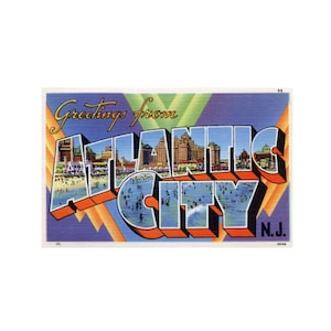 Saudações de Atlantic City, Nova Jersey, cartão postal, arte para impressão, Atlantic City, Nova Jersey, EUA, cartão postal vintage, impressão, download digital