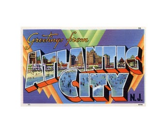 Saludos desde Atlantic City, Nueva Jersey: postal imprimible, impresión de postal vintage de Atlantic City, Nueva Jersey, EE. UU., descarga digital