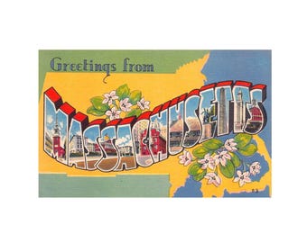 Greetings from Massachusetts, Massachusetts Vintage Postcard, Massachusetts Postcard printable, Massachusetts download  printable