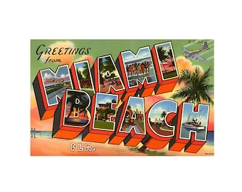 Greetings from Miami Beach, Miami Vintage Postcard, Miami Beach Florida Postcard, Miami Beach Florida digital download