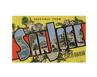 Saludos desde San José, California, arte, impresión de postal vintage de San José, descarga digital imprimible de postal de San José, California