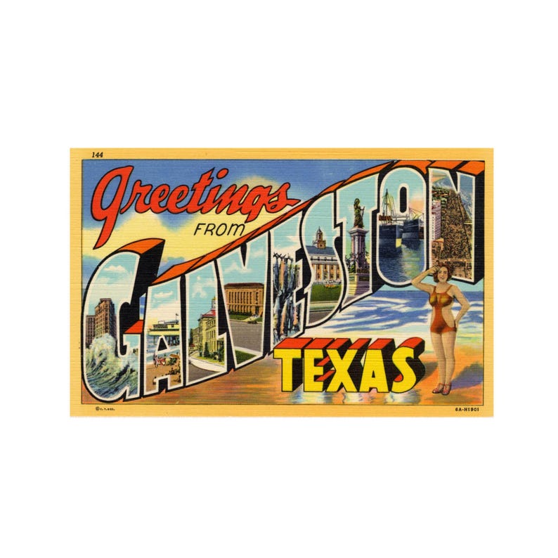 May include: A vintage postcard with a colorful "Greetings from Galveston, Texas" design. The postcard features a woman in a swimsuit standing in front of a beach scene with a cityscape in the background.