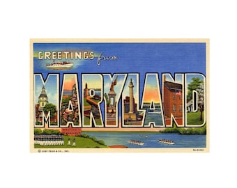 Saludos desde Maryland, postal vintage de Maryland, postal imprimible de Maryland, recuerdo digital de Maryland