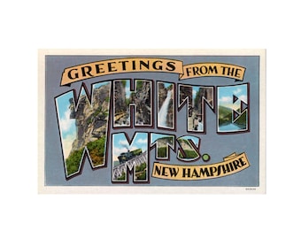 Postal artística de saludos desde las Montañas Blancas de New Hampshire. Impresión de postal vintage de las Montañas Blancas de New Hampshire. Descarga digital.