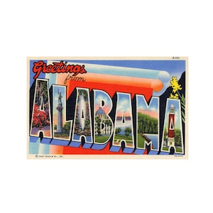Saluti dall'Alabama, cartolina d'epoca dell'Alabama, cartolina dell'Alabama stampabile, download stampabile dello stato dell'Alabama