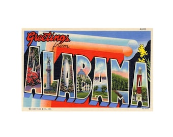 Saluti dall'Alabama, cartolina d'epoca dell'Alabama, cartolina dell'Alabama stampabile, download stampabile dello stato dell'Alabama
