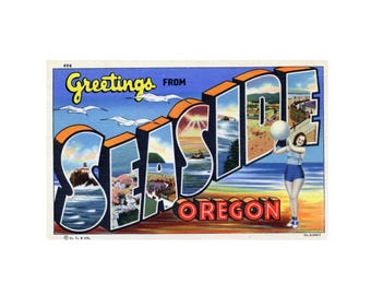 Greetings from Seaside Oregon, Seaside Oregon Vintage Postcard, Seaside Oregon Postcard printable, Oregon digital download