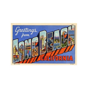 Postal de saludos desde Long Beach, postal vintage de Long Beach, postal digital imprimible de Long Beach, descarga de Long Beach