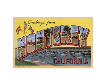 Saludos desde Monterey, California, arte, impresión de postal vintage de Monterey, descarga digital imprimible de postal de Monterey, California