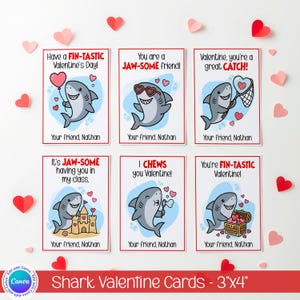 Könnte beinhalten: Sechs Valentinstagskarten mit Cartoon-Haien und Wortspielen. Die Karten enthalten Sätze wie "Have a FIN-TASTIC Valentine's Day!" und "You're FIN-TASTIC Valentine!" Jede Karte misst ca. 7,6 cm x 10,2 cm.