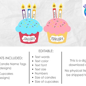 May include: Two cupcake designs with candles, one blue and one pink. The blue cupcake says "January" and has candles with the names Evelyn, David, and Billy. The pink cupcake says "February" and has candles with the names Michael and Jacob. The image includes the text "Edit with Canva".