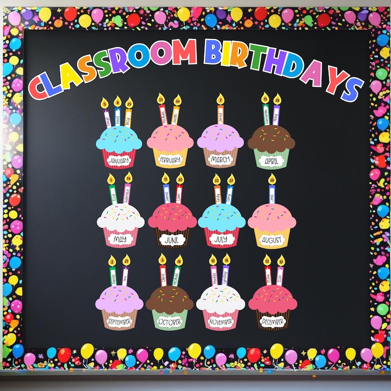 May include: A classroom birthday chart on a black background, featuring colorful cupcakes representing each month. The words "CLASSROOM BIRTHDAYS" are displayed in rainbow colors at the top. The border is decorated with balloons and confetti.
