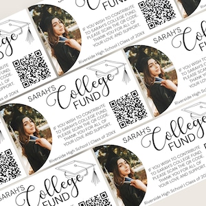 Carte modifiable de fonds universitaires pour diplômés, QR Code carte de fonds universitaires, modèle de carte modifiable photo pour diplômés, modèle de code QR de fonds universitaires, modèle Canva