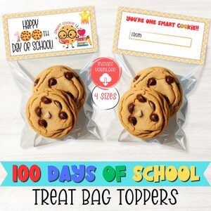 May include: Printable 100 Days of School treat bag toppers featuring a cute cartoon cookie with glasses and the text "Happy 100th Day of School!" and "You're One Smart Cookie!"  The toppers are designed to be printed and attached to treat bags for a fun classroom celebration.