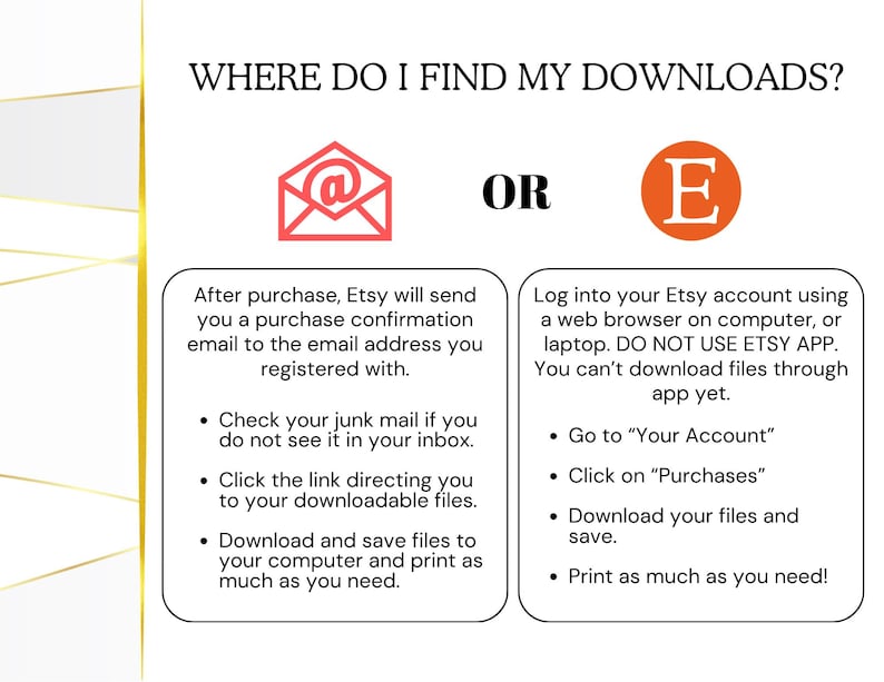 May include: A white graphic with the text "WHERE DO I FIND MY DOWNLOADS?" and instructions on how to download files after purchase. Includes an email icon and an Etsy logo. The instructions are in a black font.
