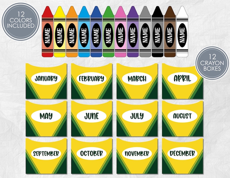 May include: A set of 12 colorful crayon-themed monthly calendar boxes with the months of the year printed on them. Each box is yellow with green and white accents. The image also includes 12 crayons with the word "NAME" printed on them.