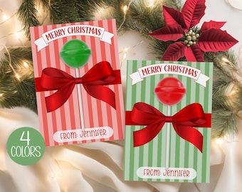 May include: Christmas lollipop holders with a red bow and a lollipop. The cards have the text "Merry Christmas" and "From: Jennifer". The image shows two cards, one with a green lollipop and the other with a red lollipop. The cards are 3.5"x5" and 3.5"x6.25".
