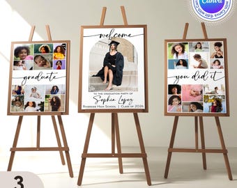Abschlussfeier Schilder | Bearbeitbare Grad-Zeichen | Senior Grad Foto-Collage Schilder | Canva Vorlage | PDF-Download