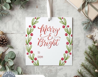 Printable Christmas Gift Tag, Square Christmas Gift Tag, Merry & Bright Christmas Gift Tag, Printable Gift Tag, Instant Download, PDF